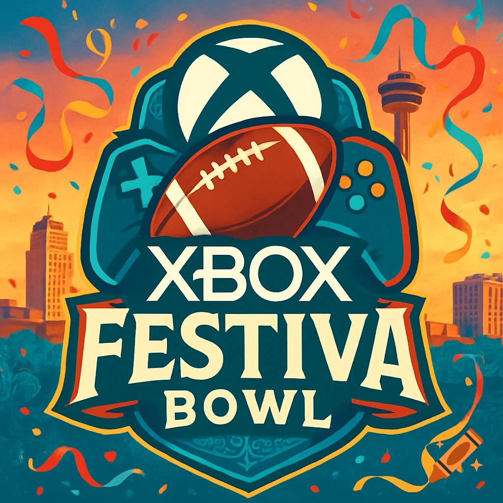 An Xbox Festiva Bowl logo featuring an Xbox controller, a football, and a city skyline background with confetti.