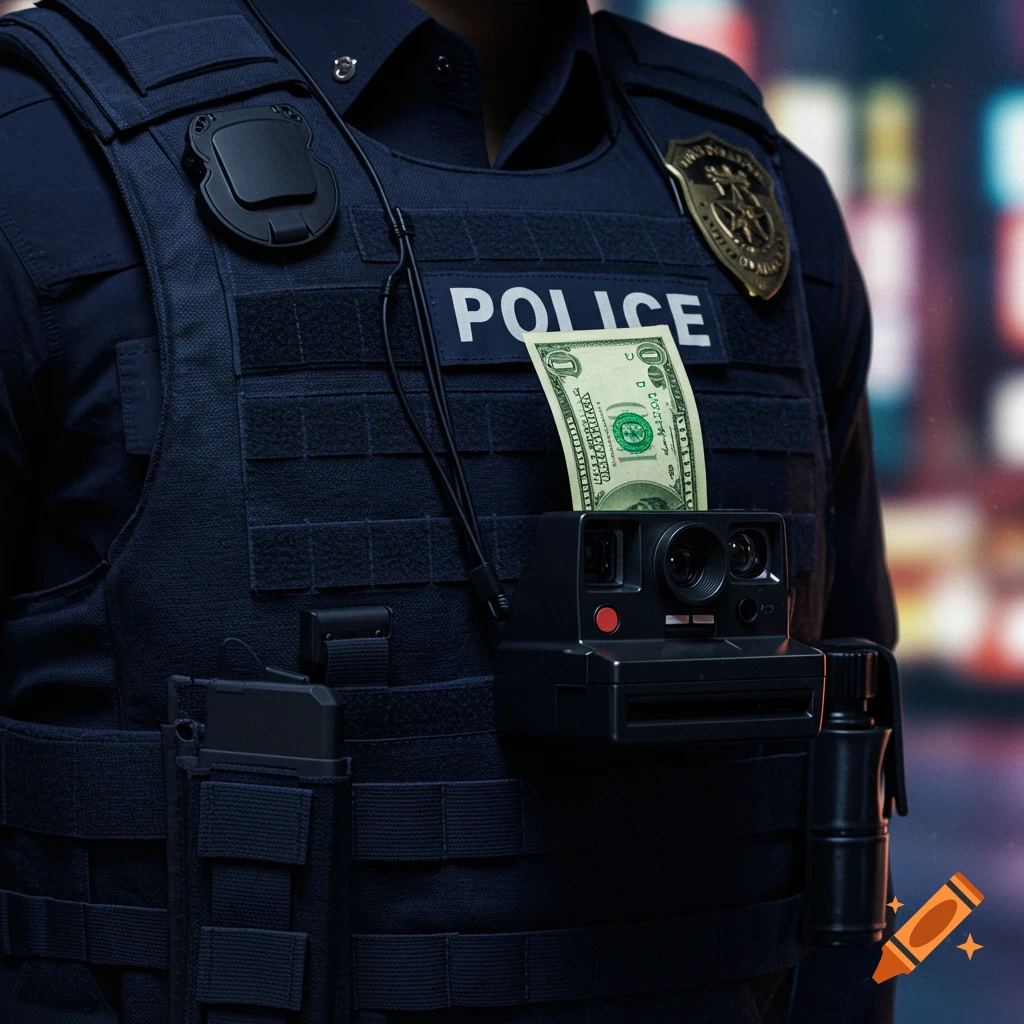 Close-up of a police officer's vest with a Polaroid camera hanging, printing a dollar bill.