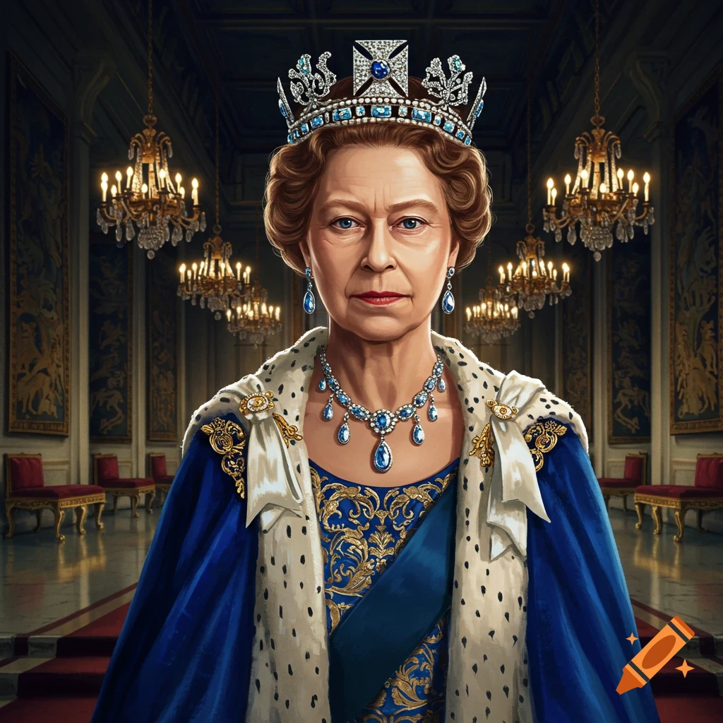 A detailed portrait of Queen Elizabeth II wearing a crown, blue royal robe, and elaborate jewels, set in a grand palace hall.