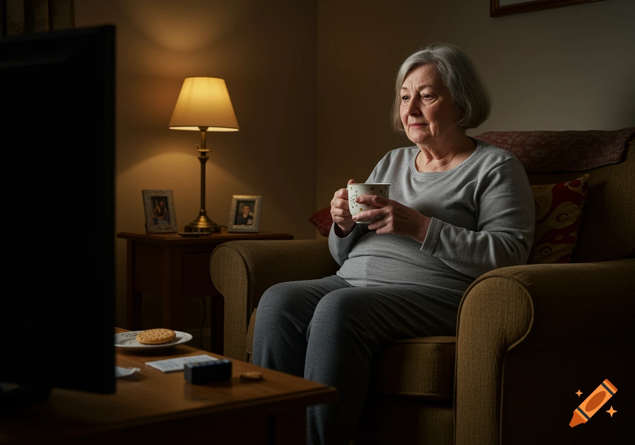 An elderly woman with grey hair sits in an armchair, holding a patterned cup, looking thoughtfully at a dark television screen in a dimly lit living room.