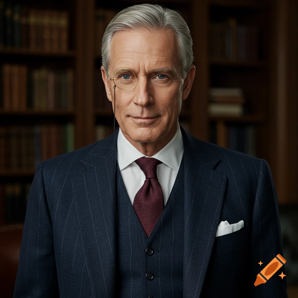 A distinguished, older man with gray hair and a monocle in a pinstripe suit and burgundy tie, in a library.
