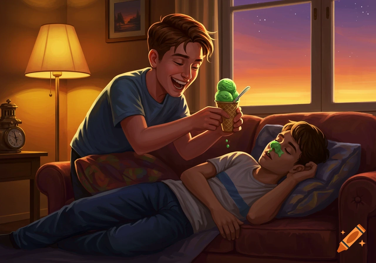 A smiling young man puts green ice cream on his friend's nose as the friend sleeps on a couch, digital illustration.