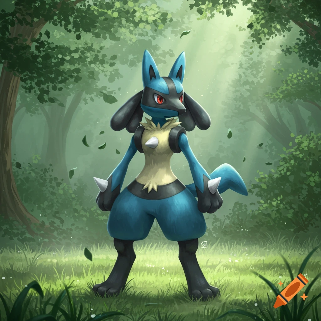 A blue and black Lucario stands in a lush green forest with rays of light filtering through the trees.