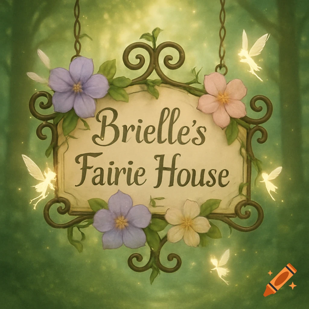 A whimsical sign for 'Brielle's Fairie House' with scrollwork, colorful flowers, and glowing fairies in a magical forest setting.