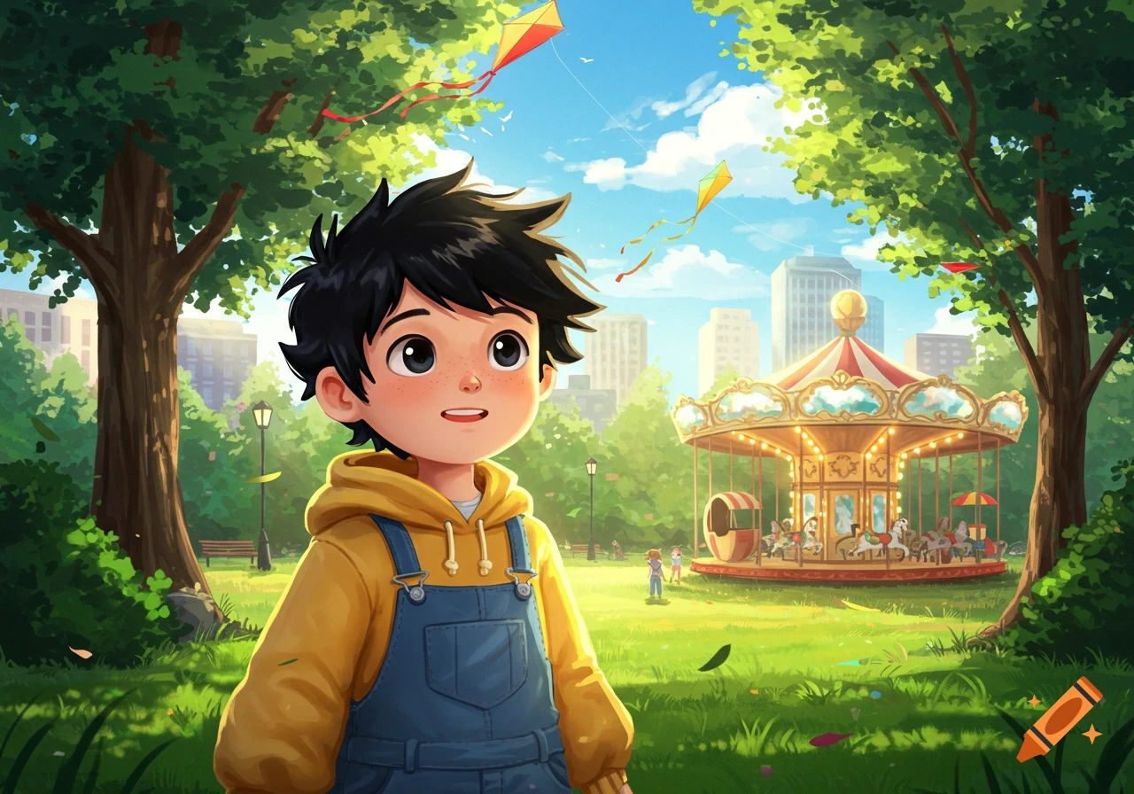 A cheerful cartoon boy in a yellow hoodie and blue overalls stands in a vibrant park with a merry-go-round and kites.
