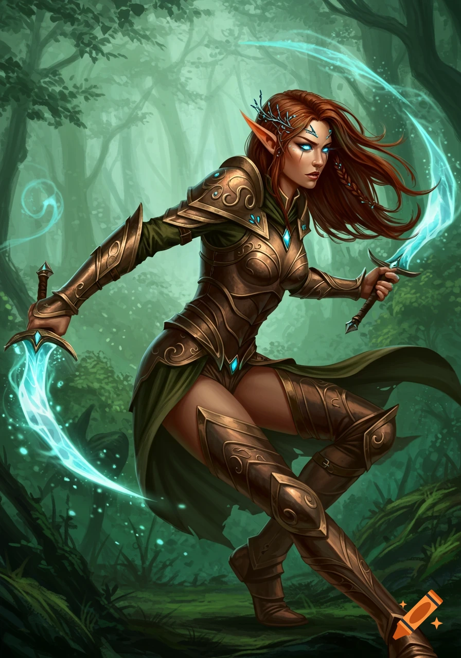 An elven female soldier with red hair and blue eyes, wearing ornate bronze armor, wields two glowing swords in a mystical forest.