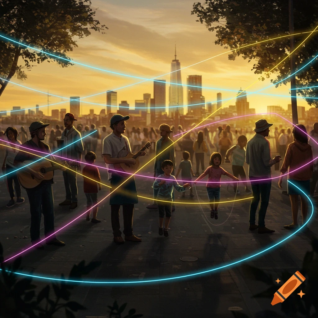 An artistic illustration of people in a city park at sunset, with musicians and children playing, crisscrossed by glowing neon lines.