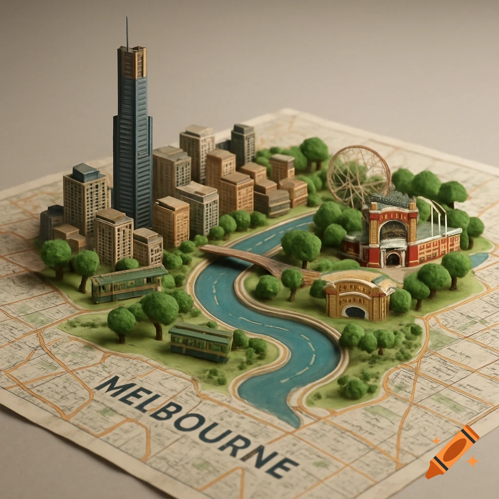 A miniature 3D diorama of Melbourne city on a map, featuring skyscrapers, river, trams, and a ferris wheel.