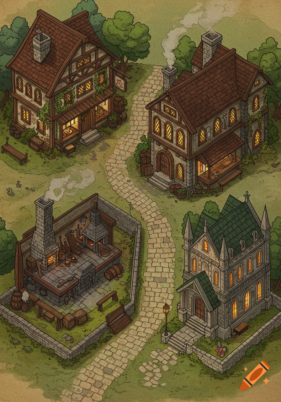 Isometric fantasy map of a medieval town with four detailed buildings, including a tavern, a blacksmith, and a church, connected by a stone path.