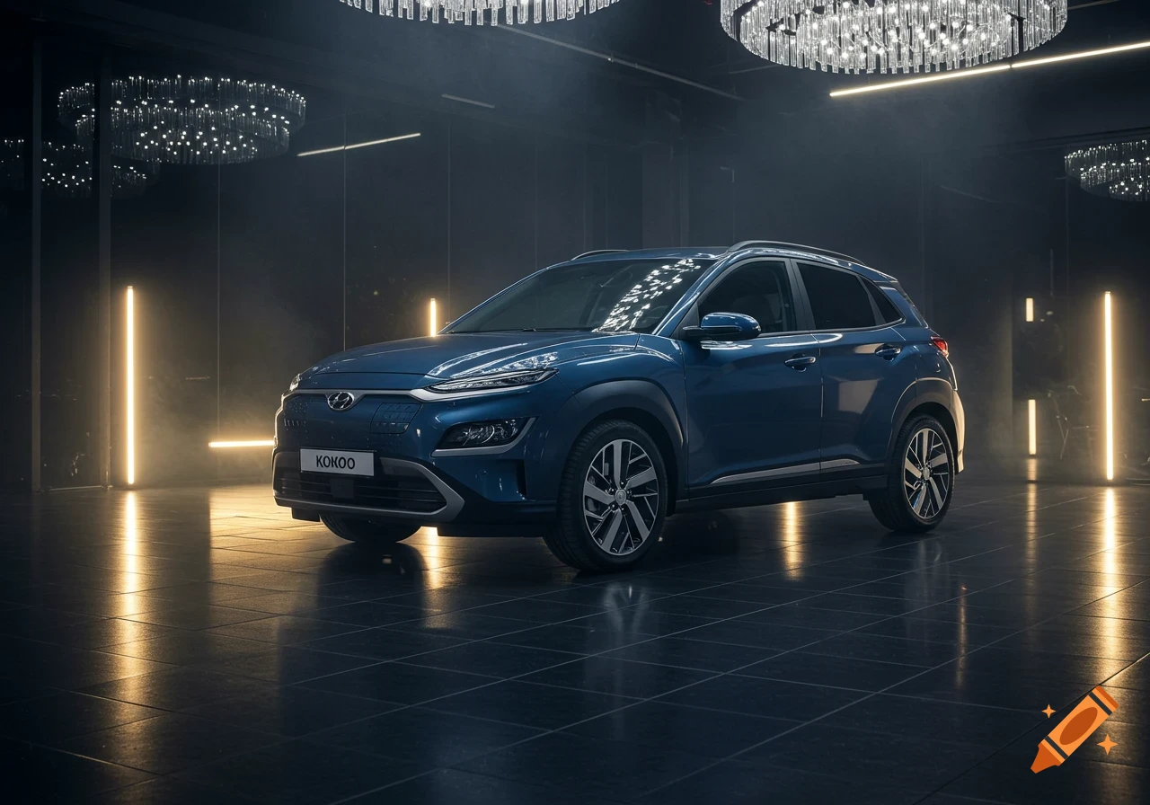 Photorealistic blue electric SUV in a high-end showroom with spotlights, chandeliers, and reflections on a polished black floor.