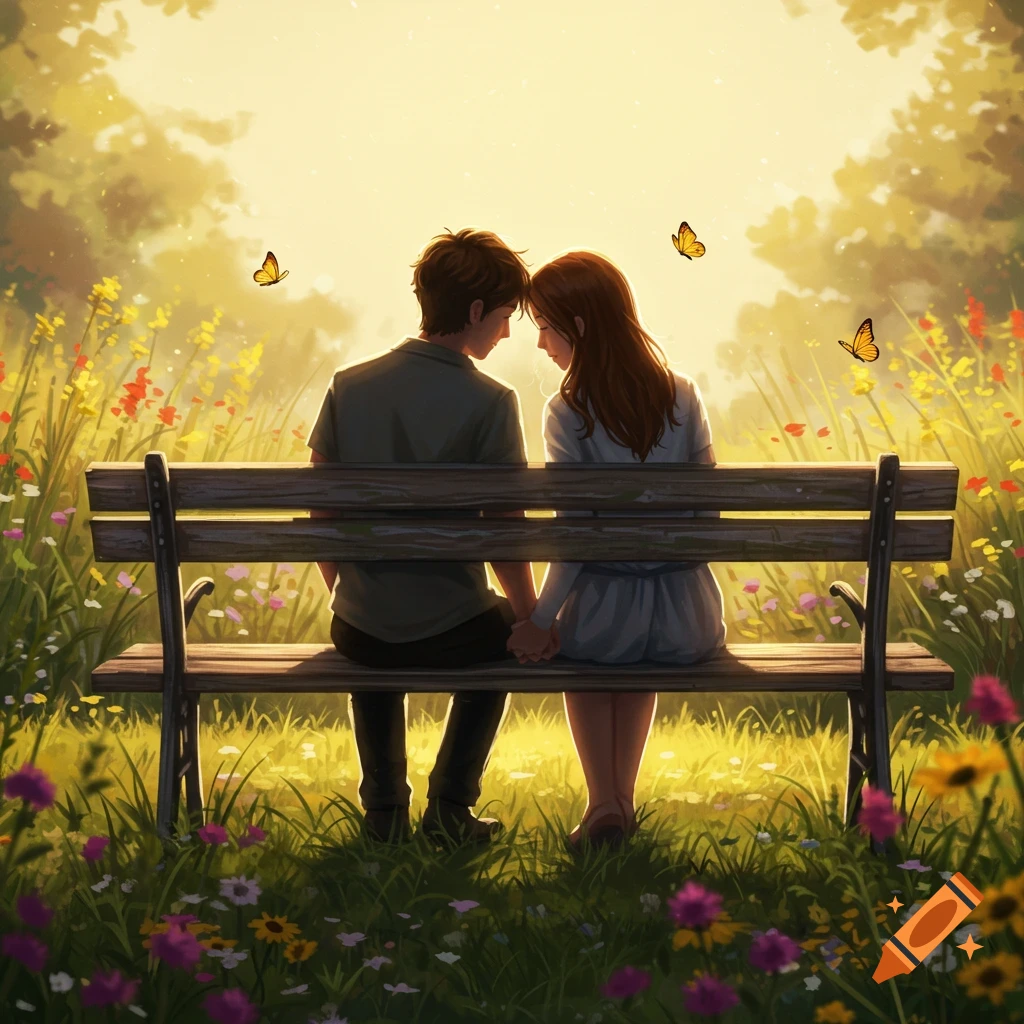Painterly illustration of a couple holding hands on a bench in a sunny field of wildflowers with butterflies.