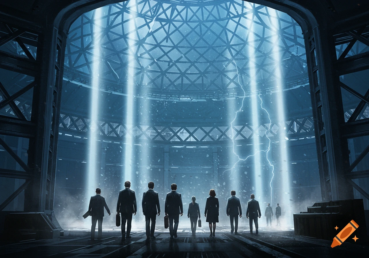 A group of people in suits walk away into a large, futuristic domed hall with bright light beams and lightning striking from the ceiling.