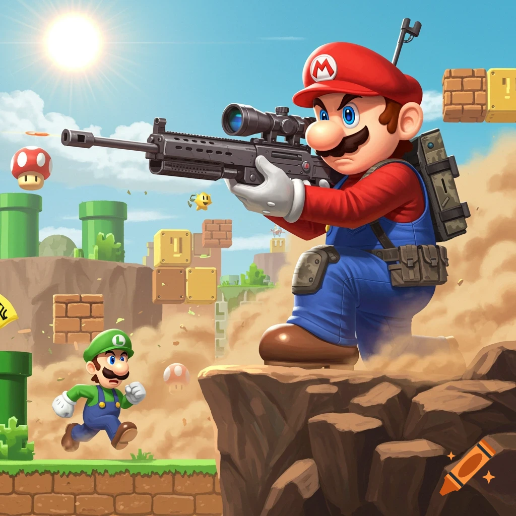 A large, determined Mario in tactical gear aims a sniper rifle from a rocky cliff while a small Luigi runs across a Super Mario Bros. level below.