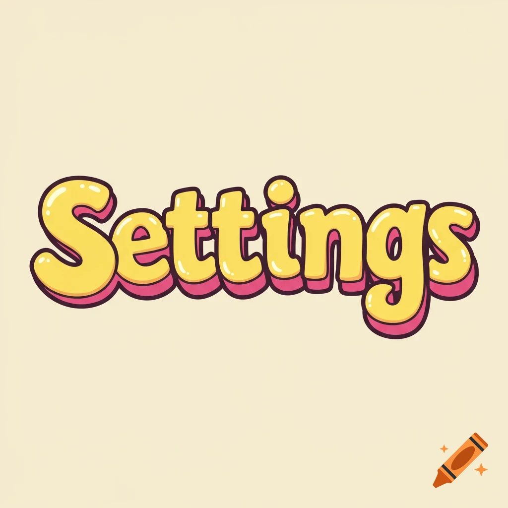 The word Settings rendered in a stylized yellow bubble letter font with a pink shadow on a light background.