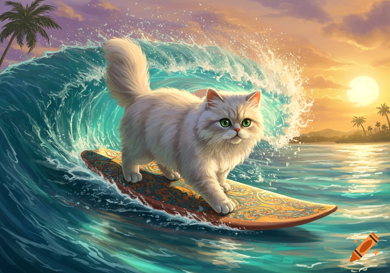 A fluffy white Persian cat with green eyes surfs on an ornate board atop a large turquoise wave during a vibrant sunset.