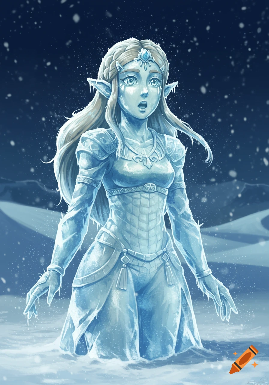 Princess Zelda frozen as a surprised ice statue, standing in snow under a dark blue night sky.