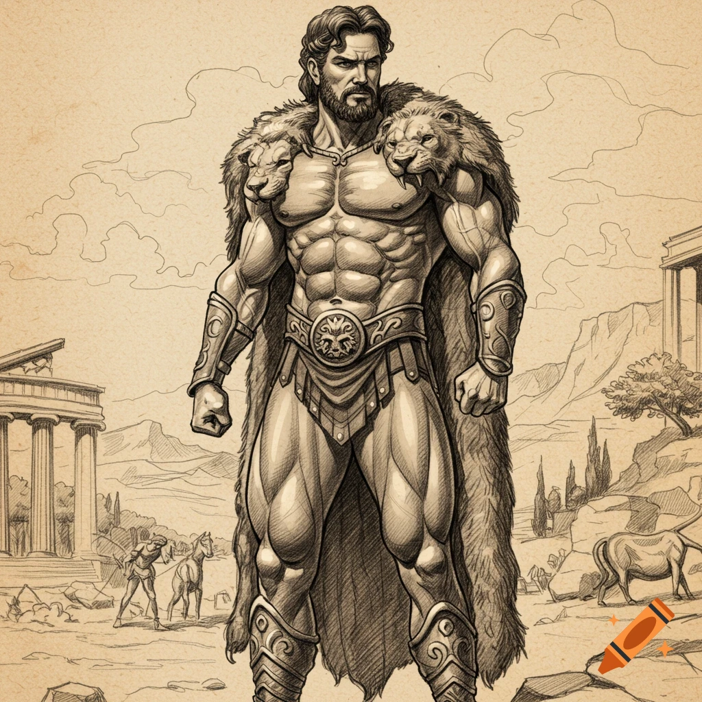 A sepia-toned pencil drawing of the muscular mythological hero Hercules, wearing a lion skin, standing in an ancient Greek landscape with ruins.