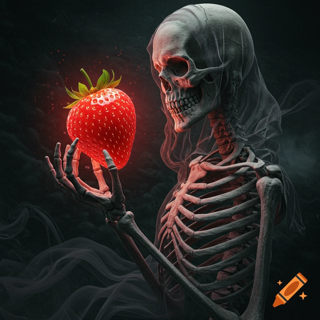 A skeletal figure holds a glowing red strawberry in a dark, atmospheric scene.