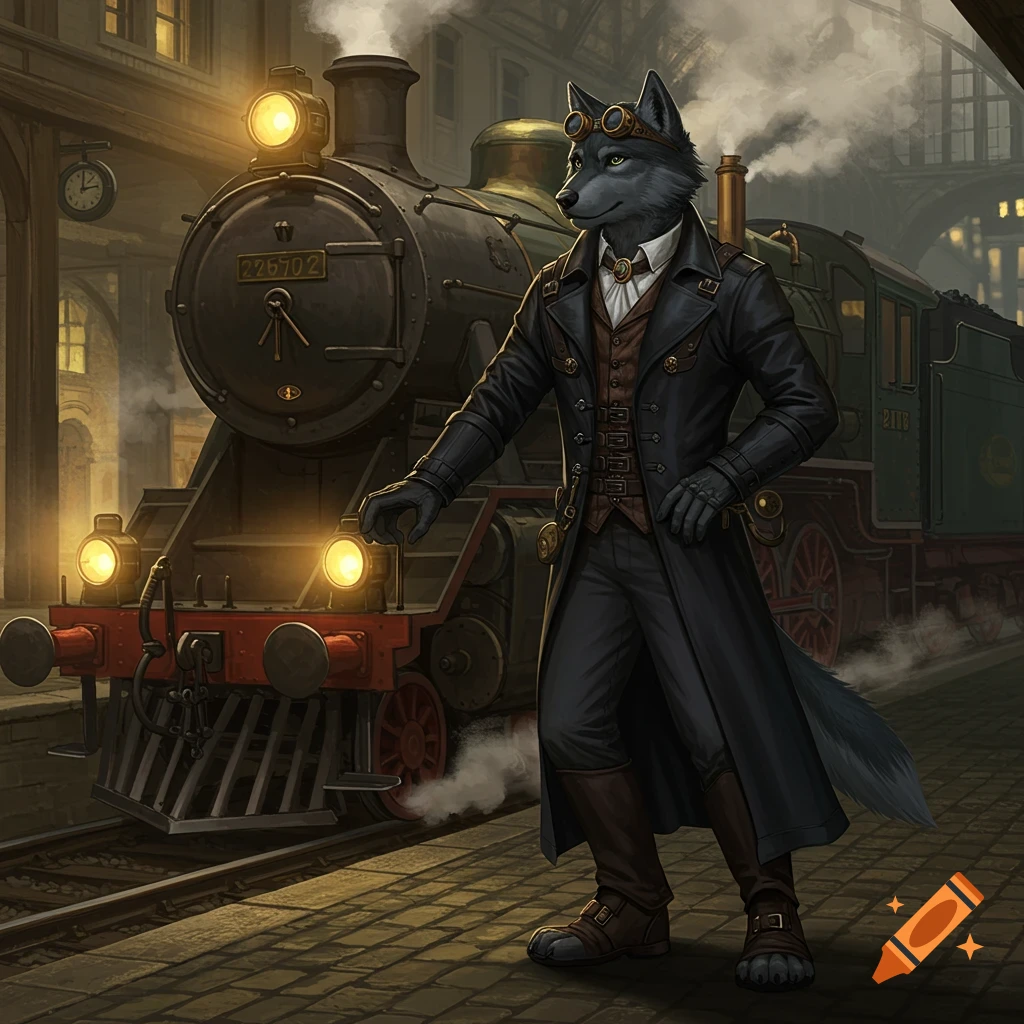 An anthropomorphic black and gray wolf in a steampunk outfit and goggles stands on a platform next to a large steam locomotive.
