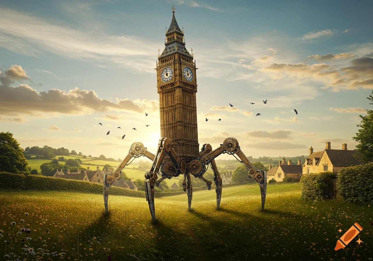 A surreal image of Big Ben on mechanical spider legs, standing in a sunny, green field with rural cottages and birds flying.