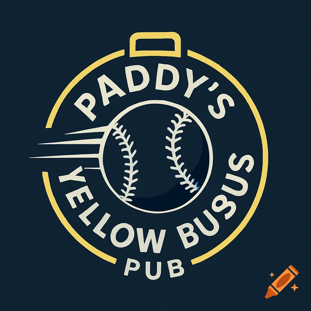A stylized logo for Paddy's Yellow Bus Pub, featuring a white baseball with black stitching inside a yellow circle, all on a dark blue background.