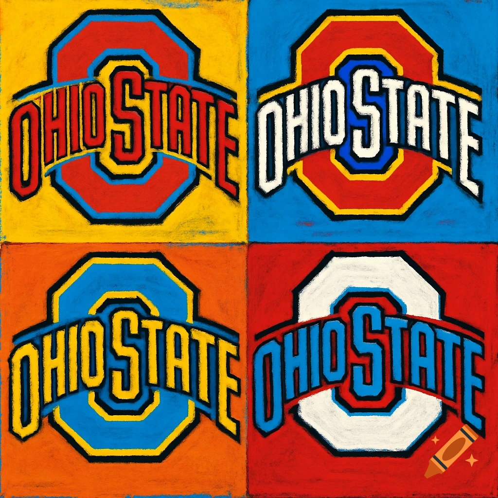 Four panels showing the Ohio State University 'O' logo with 'OHIO STATE' text across it, rendered in a colorful, textured pop art style reminiscent of Andy Warhol.