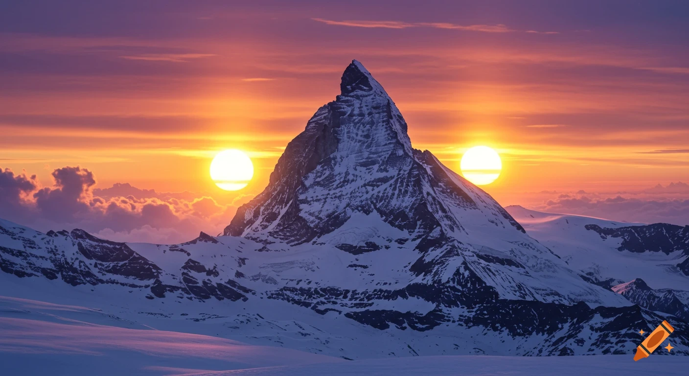 A majestic snow-capped mountain silhouetted against a vibrant orange and purple sunset with two suns.