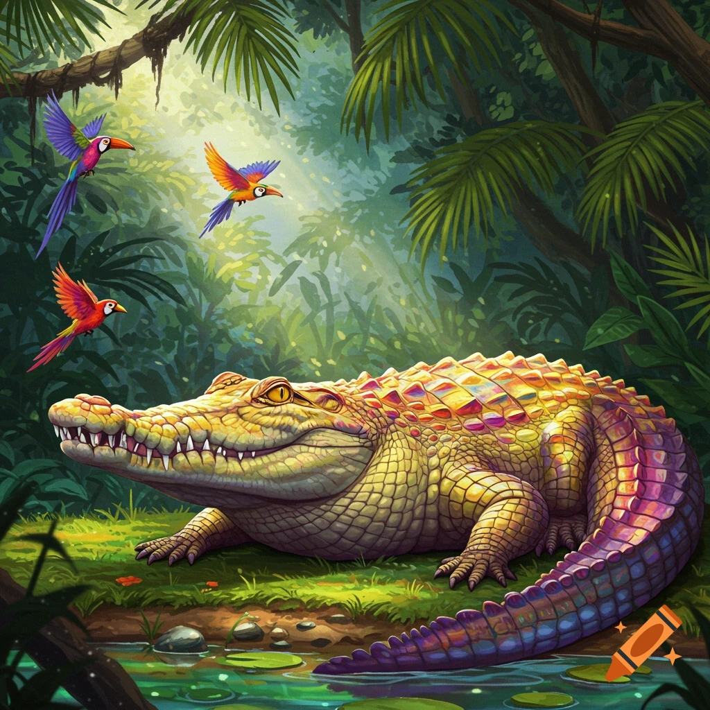 A vibrant, colorful crocodile with shimmering scales rests by a pond in a lush jungle, with three colorful birds flying overhead.