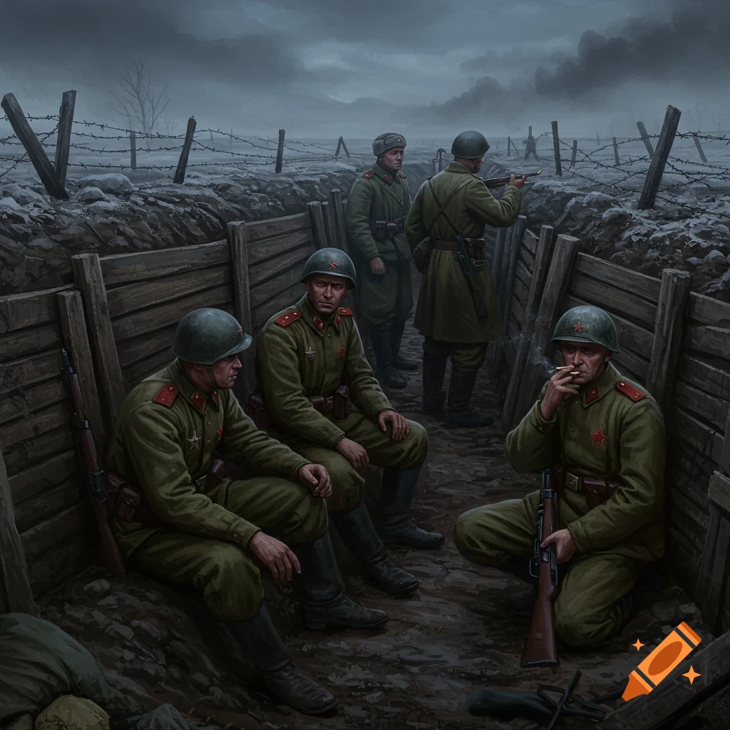 Red Army soldiers rest in a muddy trench under a dark, cloudy sky, with barbed wire visible in the background.