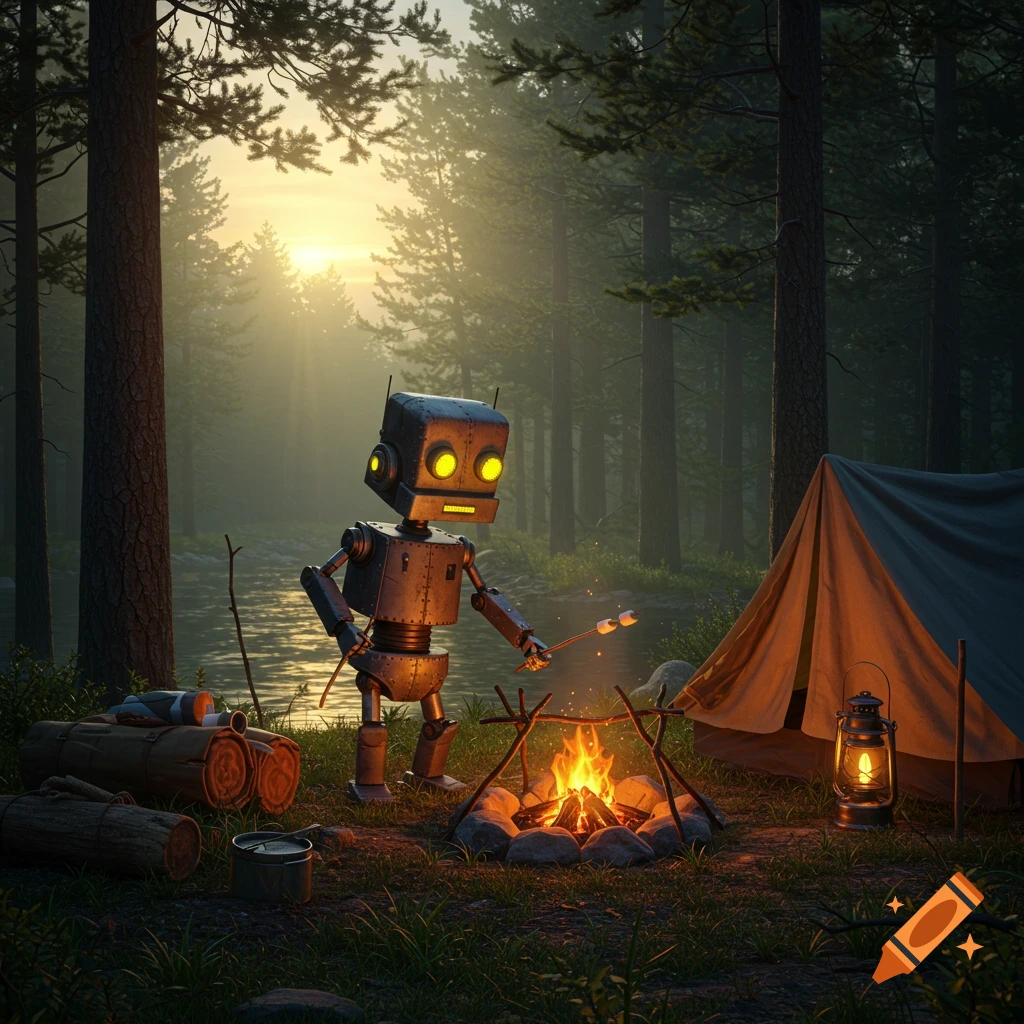 A metallic robot roasts marshmallows over a campfire at a forest campsite with a tent and river at sunset.