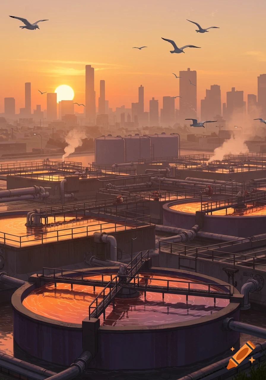 A digital painting of a large water treatment plant with orange liquid tanks under a sunset sky, with a city skyline in the background and seagulls flying.