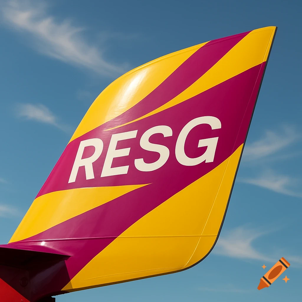 Close-up of a yellow and magenta airplane tail rudder with 'RESG' in white letters against a blue sky.