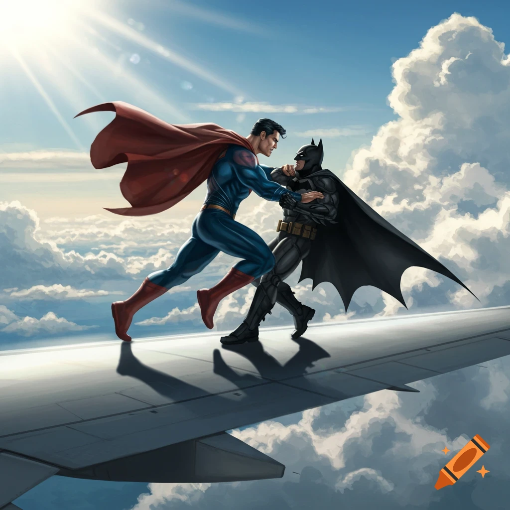 Superman and Batman grapple on an airplane wing high above the clouds in a dynamic comic art style illustration.