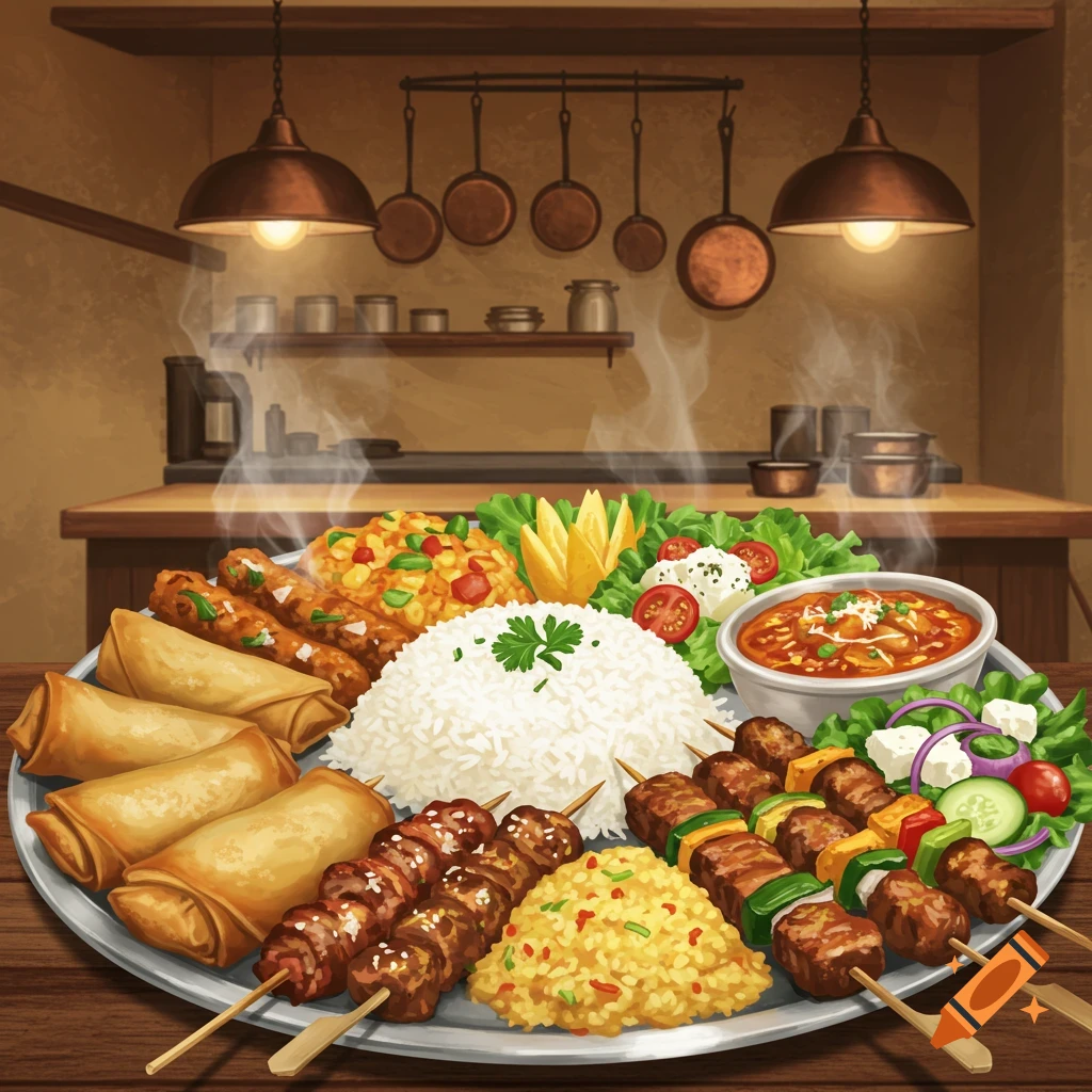 A large plate filled with various foods including white rice, yellow rice, meat and vegetable kebabs, spring rolls, and salads, set on a wooden table in a kitchen.