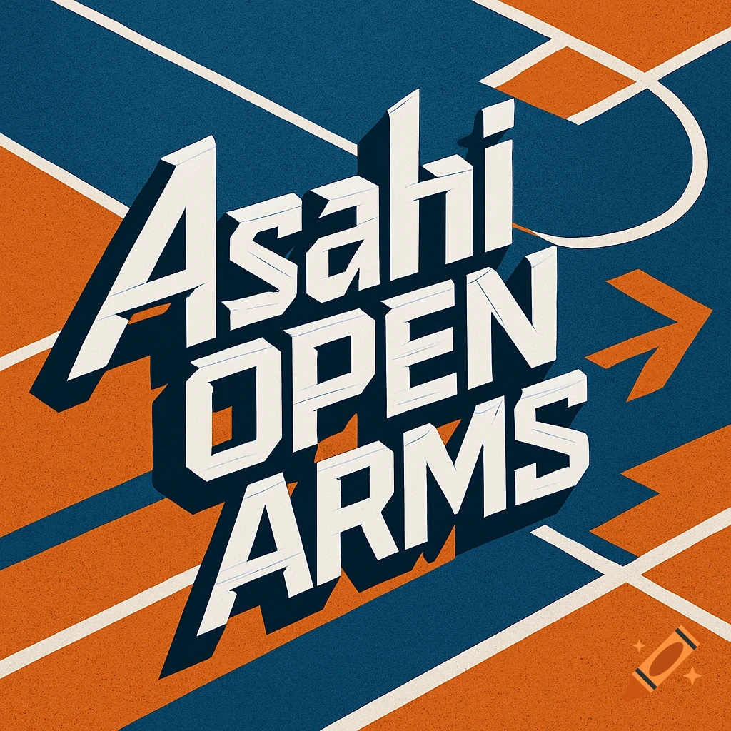Stylized white 3D text 'Asahi OPEN ARMS' on an abstract orange and blue geometric background resembling a sports court.