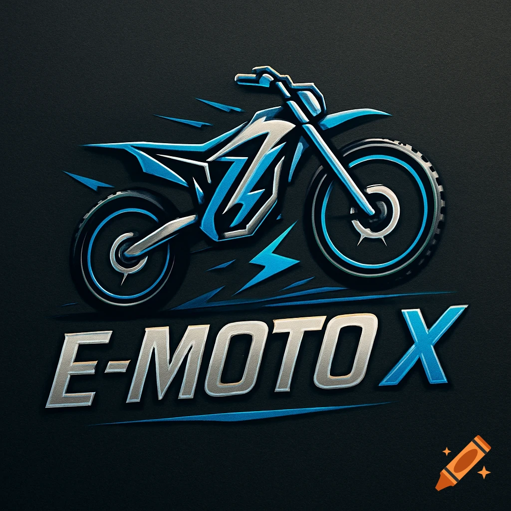 A blue and white stylized logo of a motocross bike with lightning bolts, and the text 'E-MOTO X' below it, on a dark background.