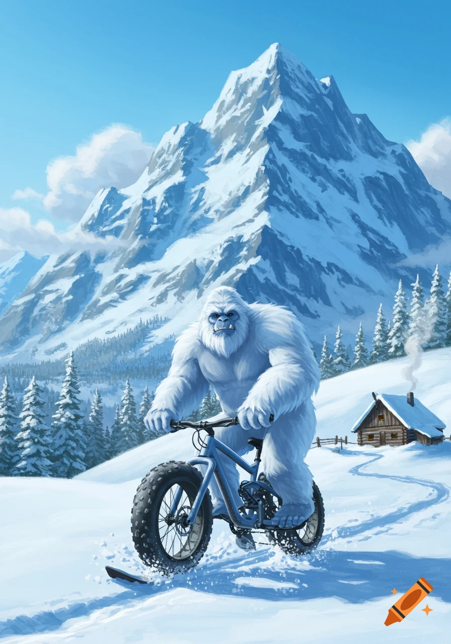 A white yeti rides a fatbike through deep snow on a mountain, with a log cabin and pine trees in the background.