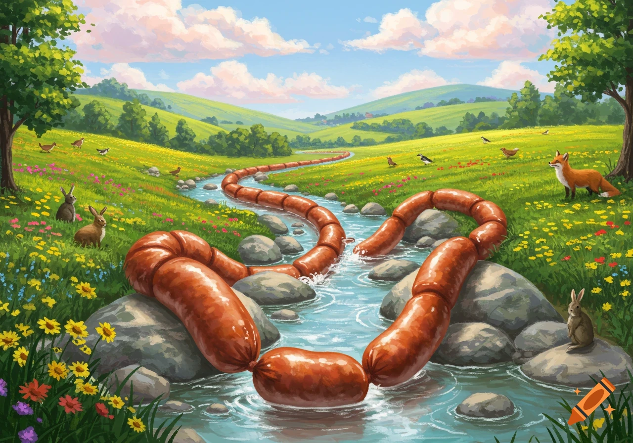 A whimsical illustration of a river made of sausages flowing through a vibrant green meadow with flowers, trees, rabbits, birds, and a fox under a blue sky.