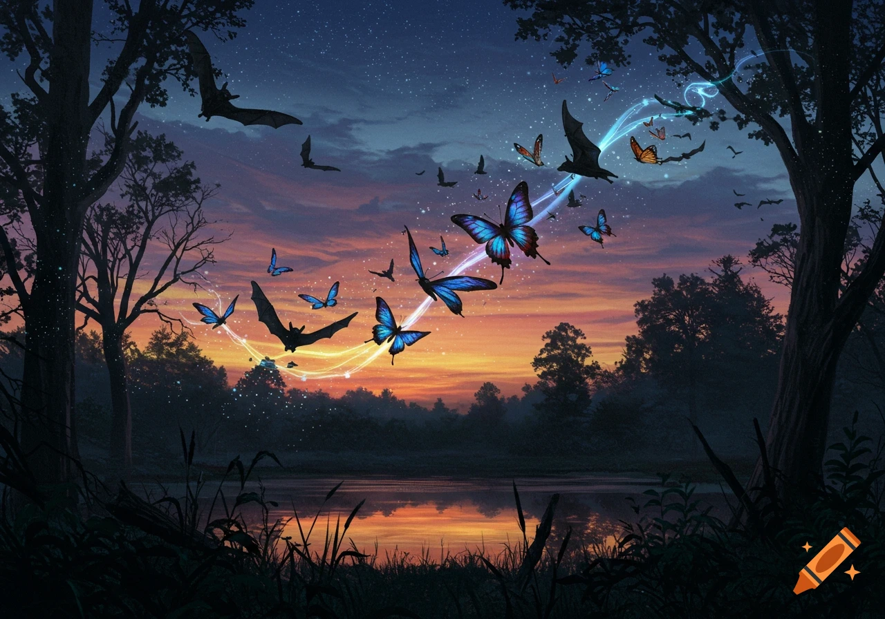 Bats and colorful butterflies fly over a reflective lake at dusk, with glowing trails in a magical forest scene.