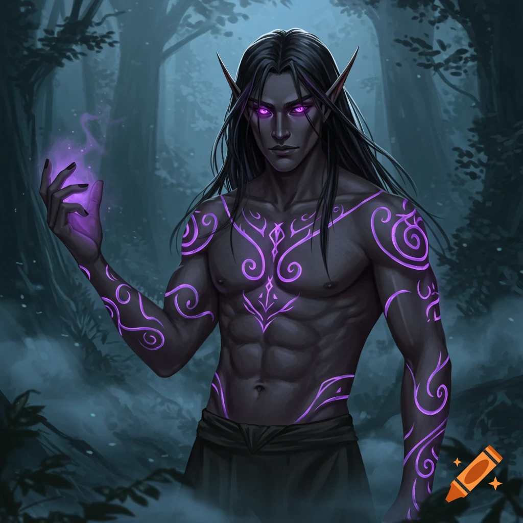 A dark-skinned male elf with long black hair, glowing purple eyes, and swirling purple tattoos stands in a dark forest, holding glowing purple magic.