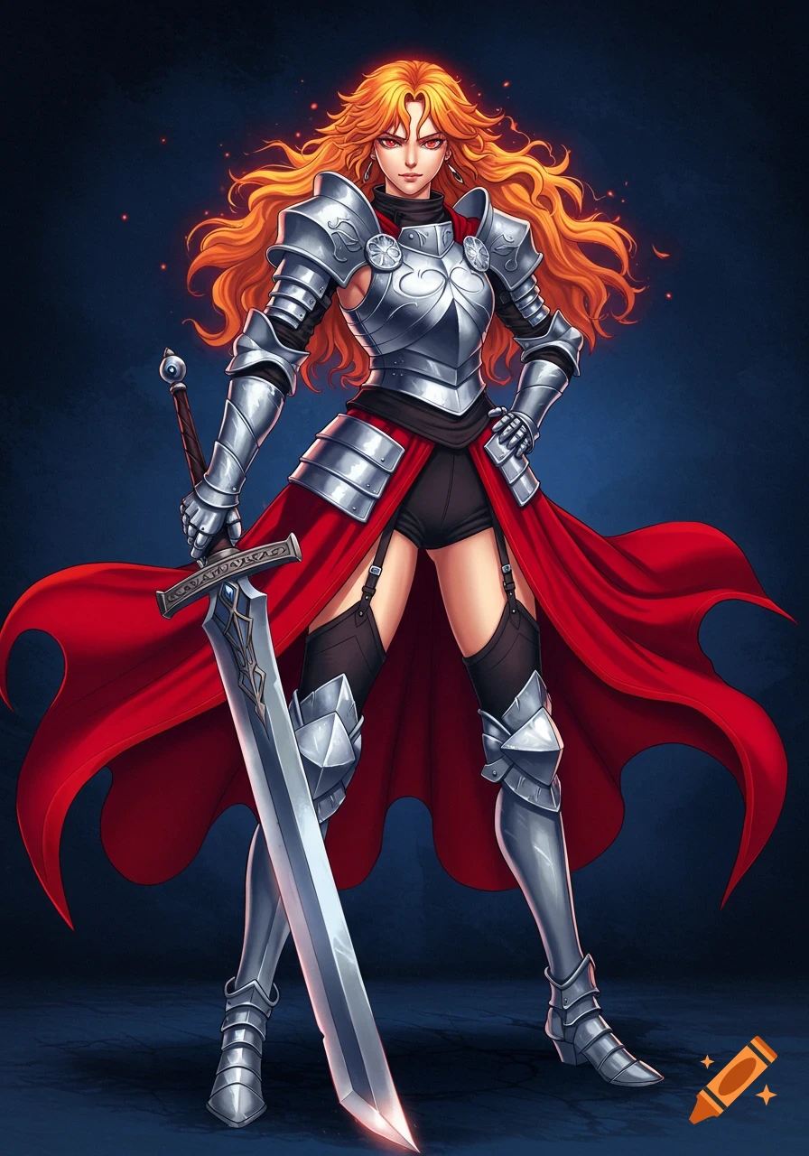 Anime woman in steel armor with red robes, black thigh-highs, and long orange hair holding a broadsword against a dark blue background.