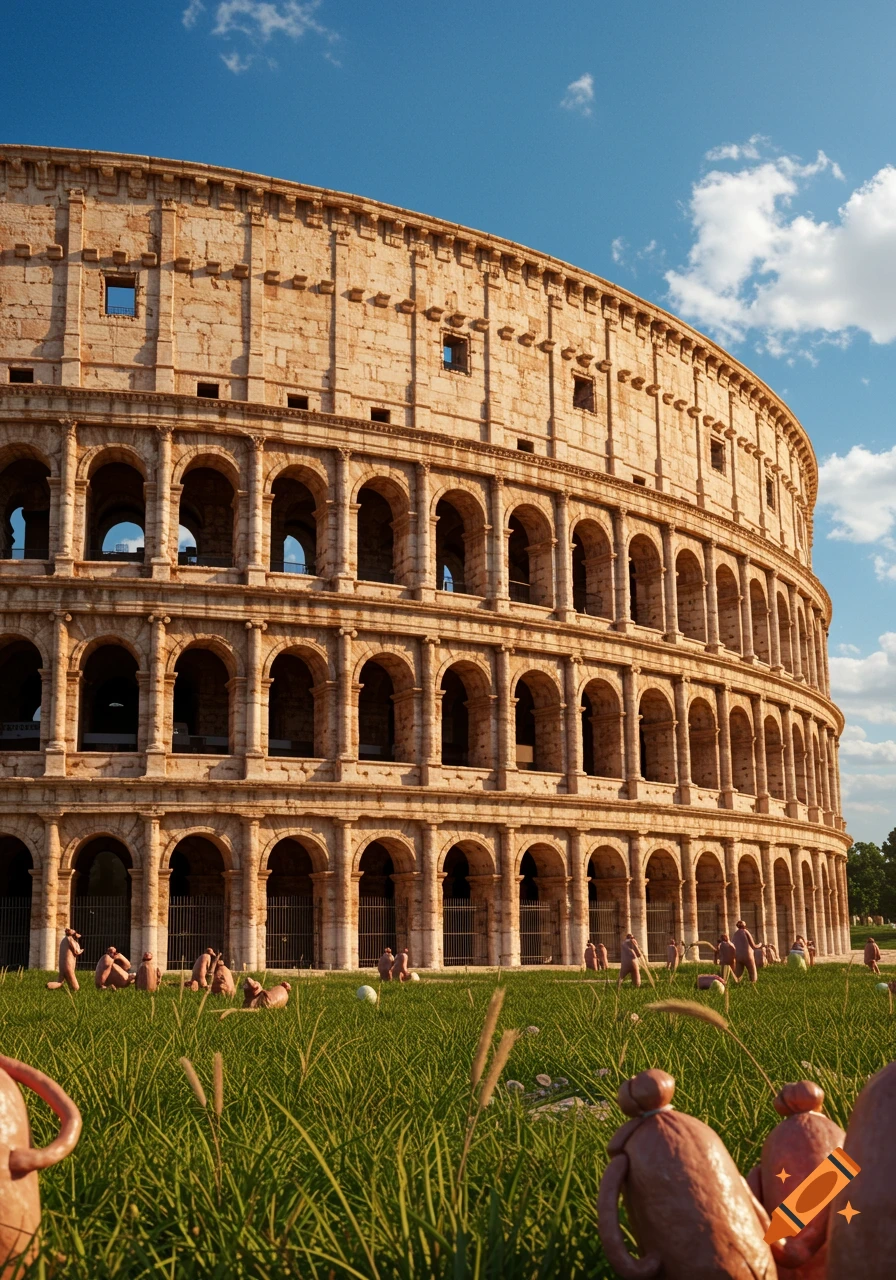 Photorealistic image of the Colosseum with anthropomorphic sausage figures lounging on the grassy ground.