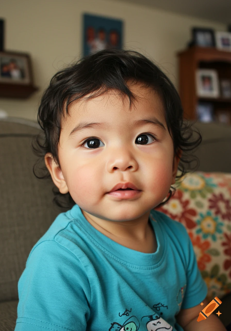A close-up portrait of a cute toddler with dark curly hair and big dark eyes, wearing a teal t-shirt, looking directly at the camera.