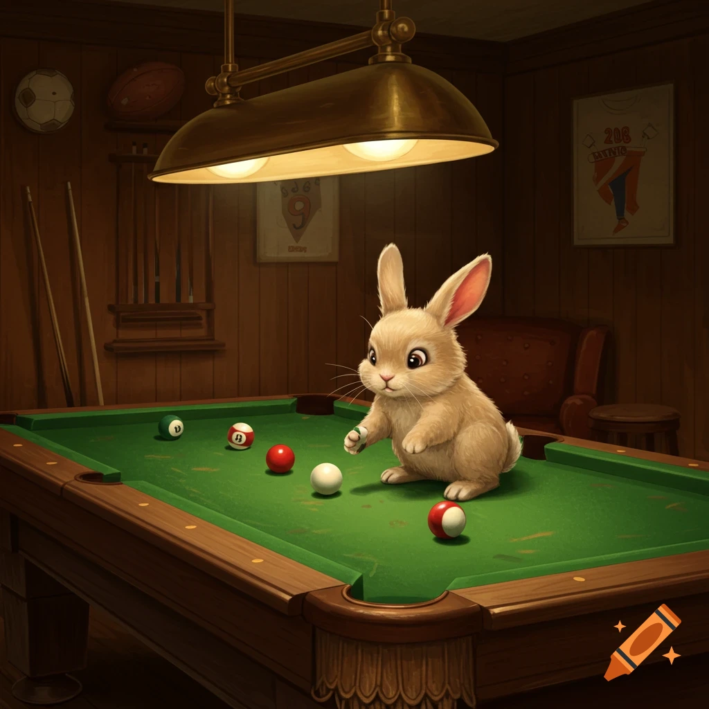 A cute tan bunny playing billiards on a green pool table in a dimly lit room with wooden walls.