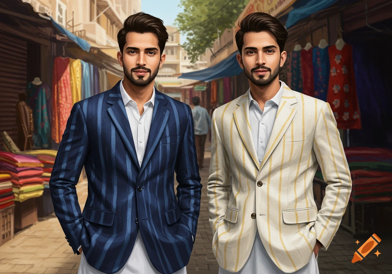 Two men in striped linen jackets pose in a bustling marketplace.