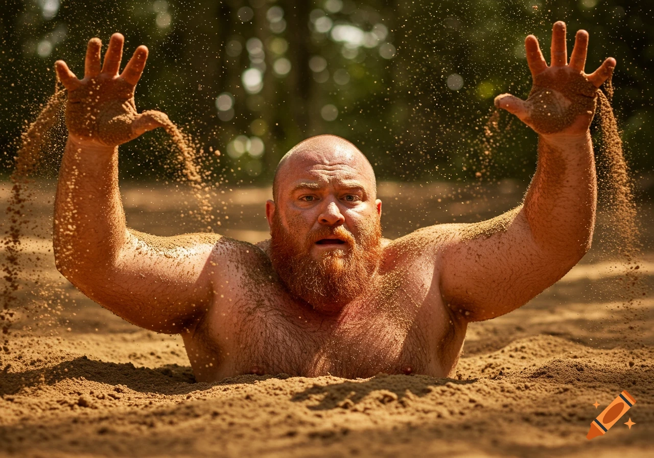 A bald, red-bearded man, chest-deep in sand, throws sand into the air with both hands, looking surprised.