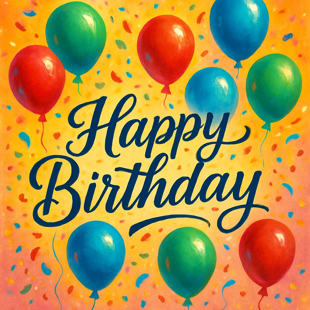 cheerful birthday card with colorful balloons, confetti, and Happy Birthday text