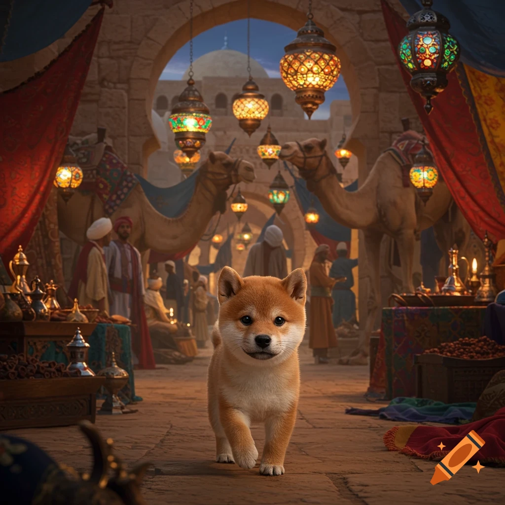 A cute Shiba Inu puppy walks down an aisle in a vibrant Arabian marketplace, with people, camels, and ornate lanterns.