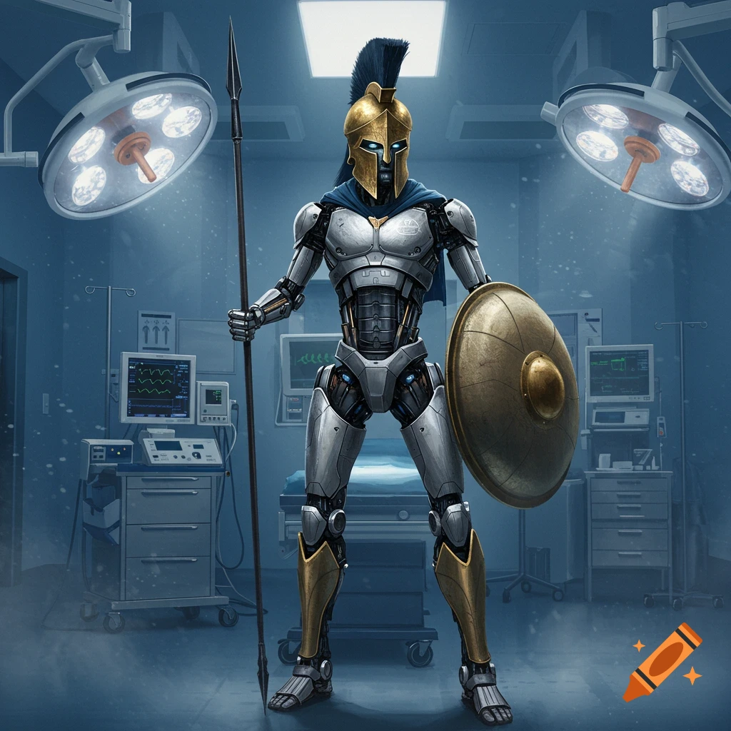 A futuristic robot in Spartan armor, holding a spear and shield, stands in a hospital operating room.