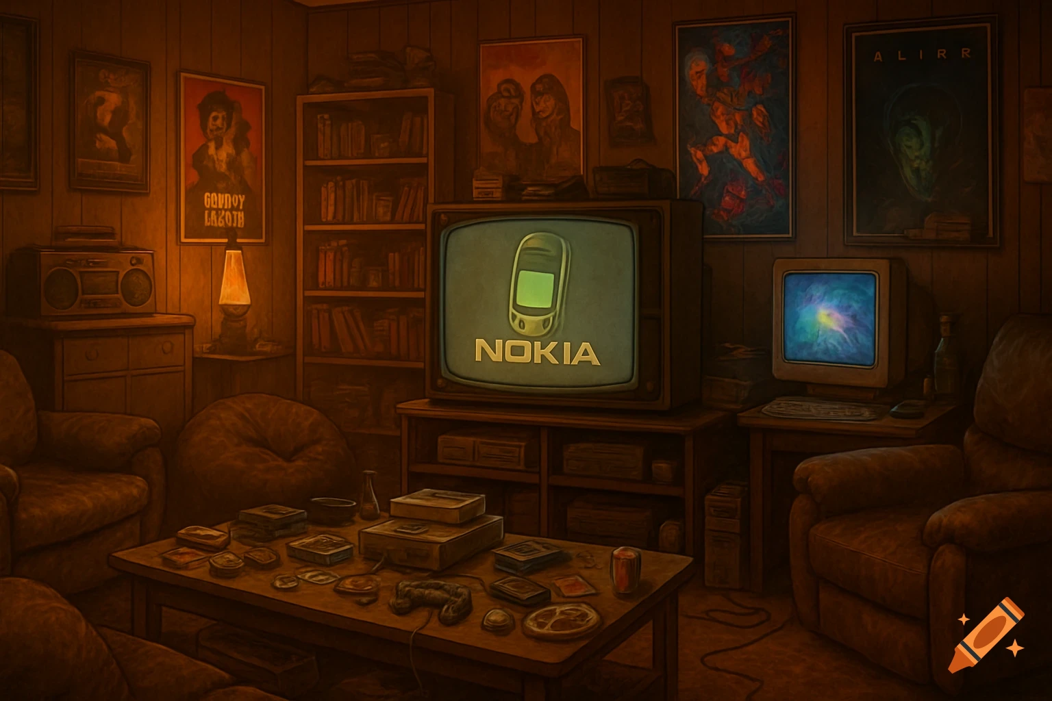 A dimly lit, retro-style living room with a vintage TV displaying a Nokia phone ad, surrounded by shelves of books, posters, and 1990s gaming items.